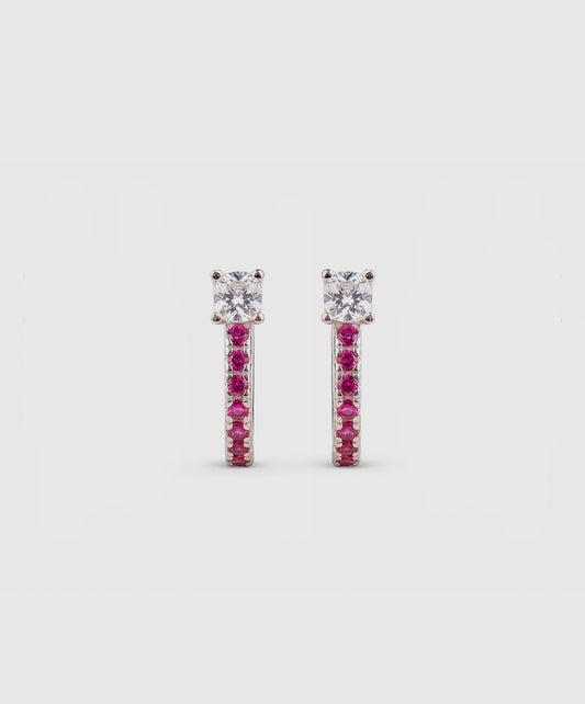 Arete Aretes Tipo Huggies Con Piedras Fucsia
