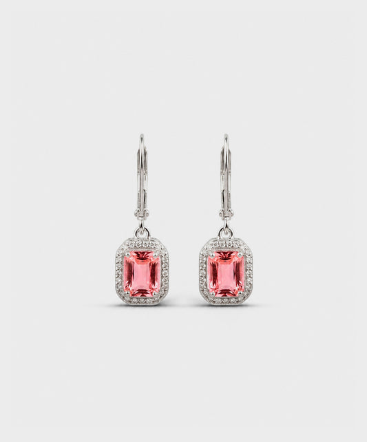 Arete Aretes Rectangulares Con Halo De Circones - color Rosado, tono Rosado pastel